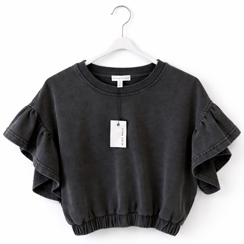 Miou Muse Ruffle Sleeve Gray Top